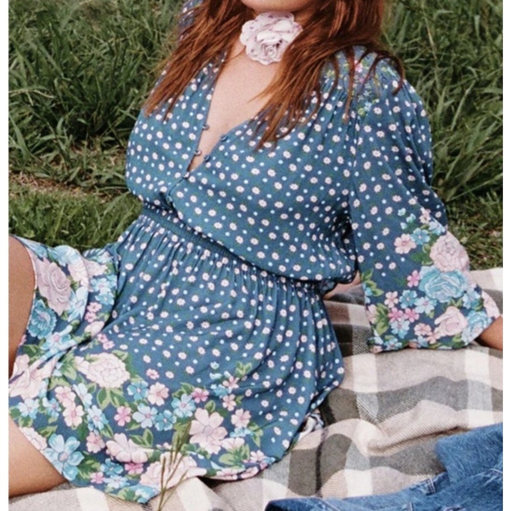 Spell Byron Bay Yellow Rose‎ Playdress Cornflower Blue Floral Mini Dress Small